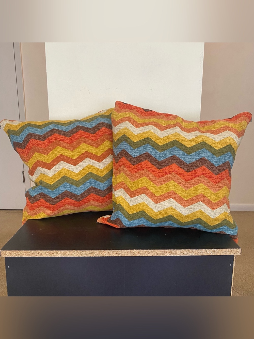 Newport 2 Square Throw Pillows 18” Chevron Zippered Down Filled Warm Tones USA